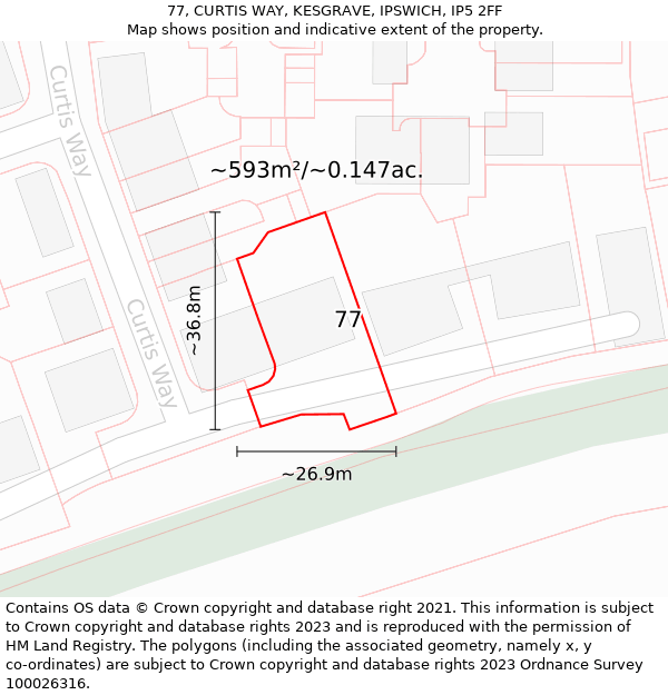 77, CURTIS WAY, KESGRAVE, IPSWICH, IP5 2FF: Plot and title map