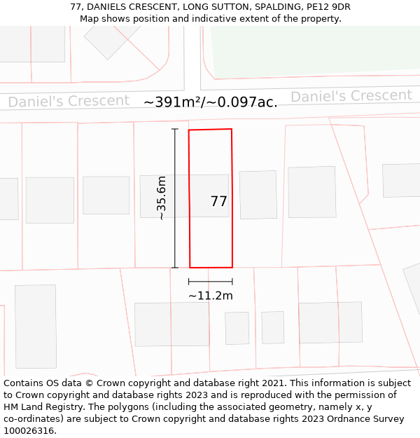 77, DANIELS CRESCENT, LONG SUTTON, SPALDING, PE12 9DR: Plot and title map