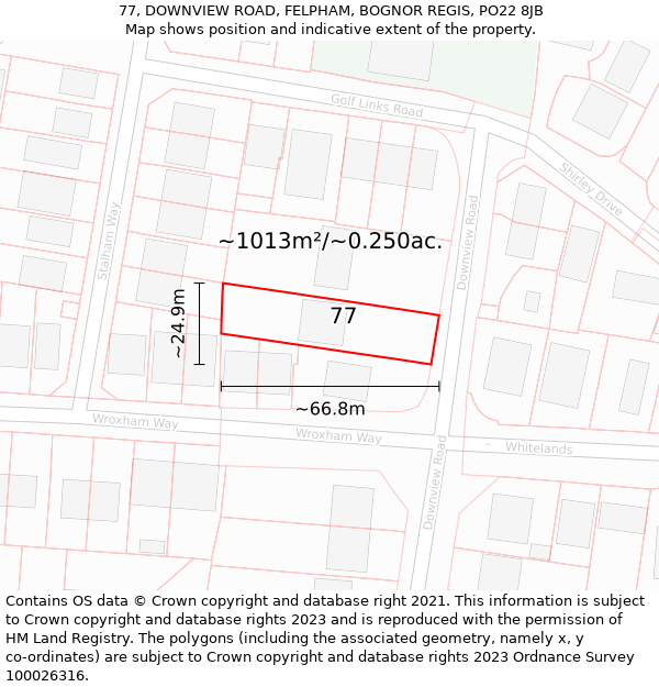 77, DOWNVIEW ROAD, FELPHAM, BOGNOR REGIS, PO22 8JB: Plot and title map