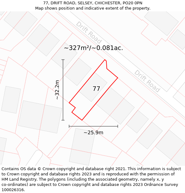 77, DRIFT ROAD, SELSEY, CHICHESTER, PO20 0PN: Plot and title map