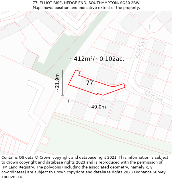 77, ELLIOT RISE, HEDGE END, SOUTHAMPTON, SO30 2RW: Plot and title map