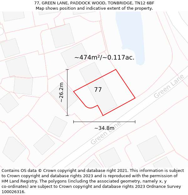 77, GREEN LANE, PADDOCK WOOD, TONBRIDGE, TN12 6BF: Plot and title map