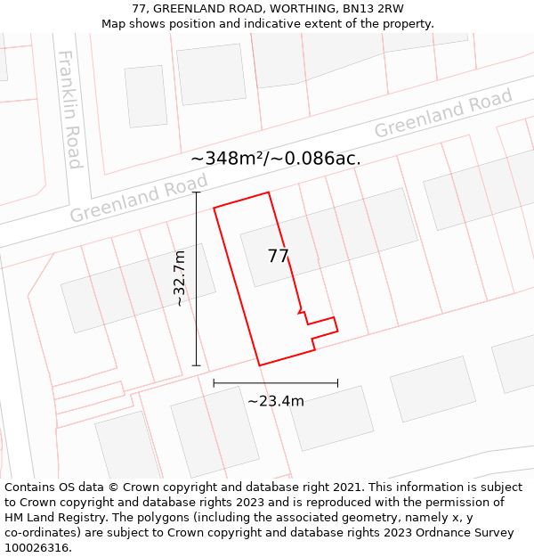 77, GREENLAND ROAD, WORTHING, BN13 2RW: Plot and title map
