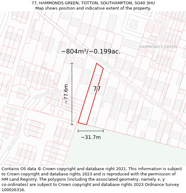 77, HAMMONDS GREEN, TOTTON, SOUTHAMPTON, SO40 3HU: Plot and title map