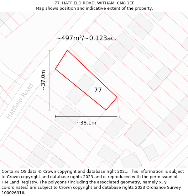 77, HATFIELD ROAD, WITHAM, CM8 1EF: Plot and title map