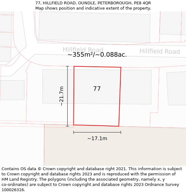 77, HILLFIELD ROAD, OUNDLE, PETERBOROUGH, PE8 4QR: Plot and title map