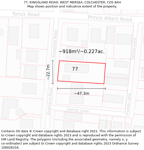 77, KINGSLAND ROAD, WEST MERSEA, COLCHESTER, CO5 8AH: Plot and title map