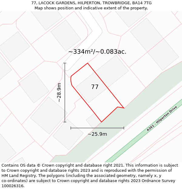 77, LACOCK GARDENS, HILPERTON, TROWBRIDGE, BA14 7TG: Plot and title map