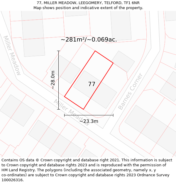 77, MILLER MEADOW, LEEGOMERY, TELFORD, TF1 6NR: Plot and title map