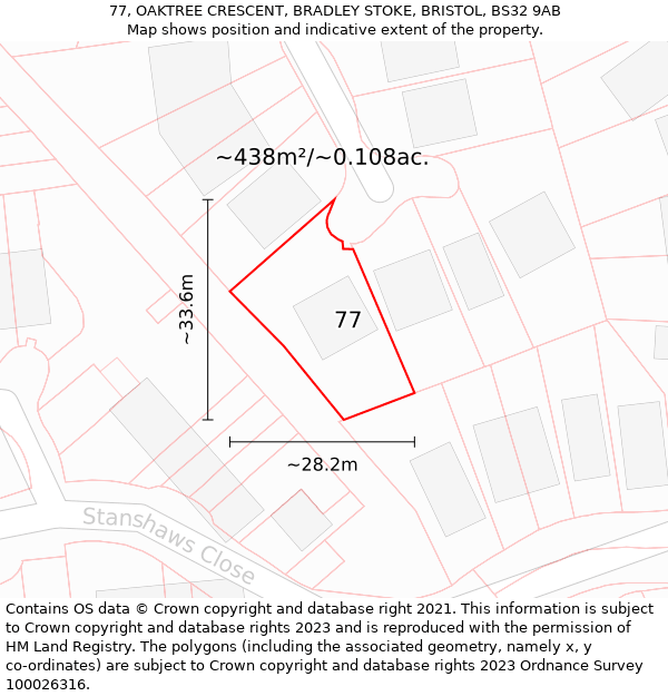 77, OAKTREE CRESCENT, BRADLEY STOKE, BRISTOL, BS32 9AB: Plot and title map