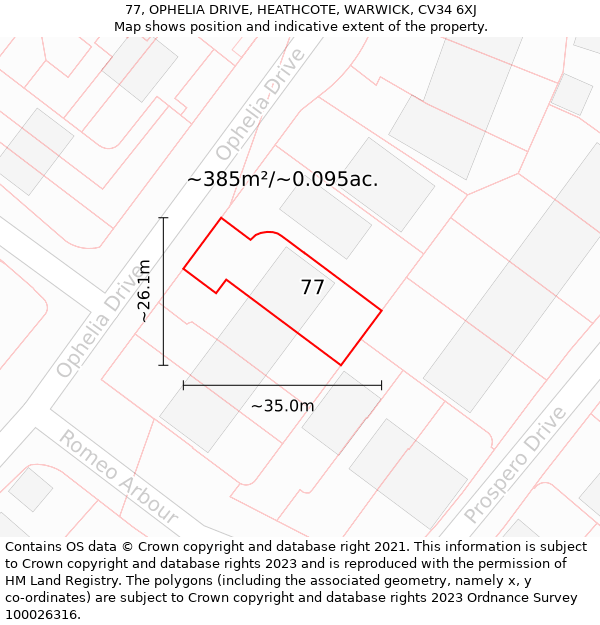 77, OPHELIA DRIVE, HEATHCOTE, WARWICK, CV34 6XJ: Plot and title map