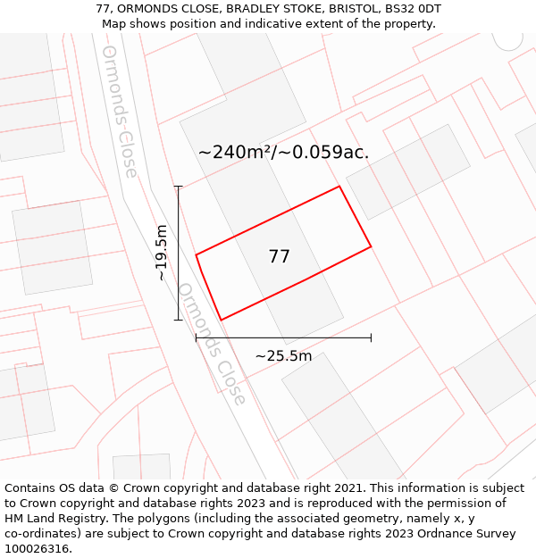 77, ORMONDS CLOSE, BRADLEY STOKE, BRISTOL, BS32 0DT: Plot and title map