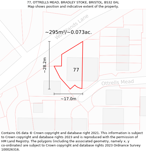 77, OTTRELLS MEAD, BRADLEY STOKE, BRISTOL, BS32 0AL: Plot and title map