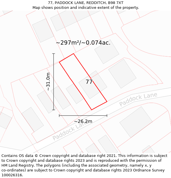 77, PADDOCK LANE, REDDITCH, B98 7XT: Plot and title map