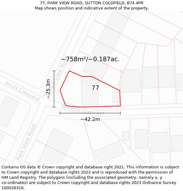 77, PARK VIEW ROAD, SUTTON COLDFIELD, B74 4PR: Plot and title map