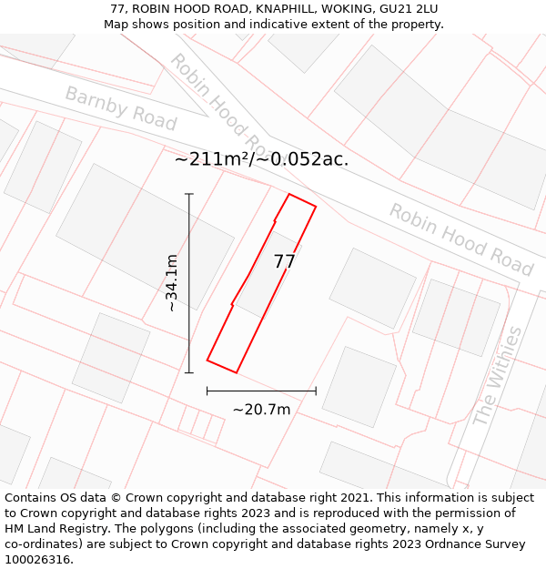 77, ROBIN HOOD ROAD, KNAPHILL, WOKING, GU21 2LU: Plot and title map