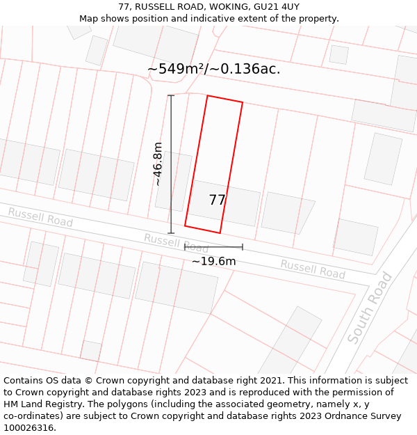 77, RUSSELL ROAD, WOKING, GU21 4UY: Plot and title map