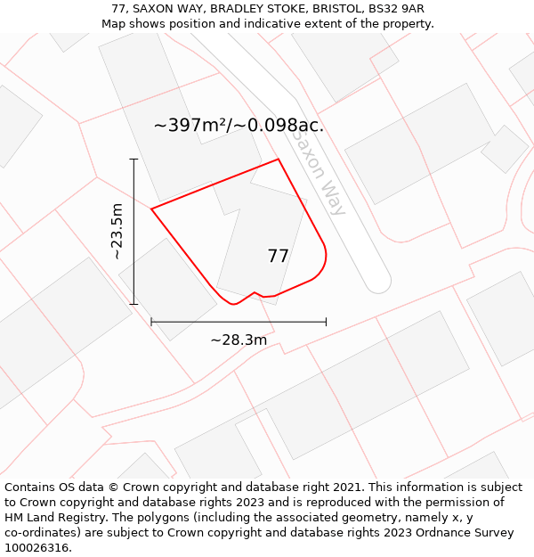 77, SAXON WAY, BRADLEY STOKE, BRISTOL, BS32 9AR: Plot and title map