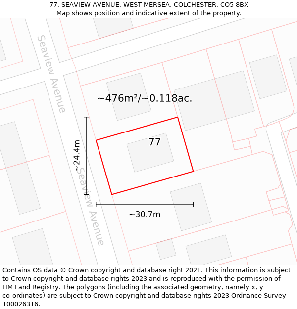 77, SEAVIEW AVENUE, WEST MERSEA, COLCHESTER, CO5 8BX: Plot and title map