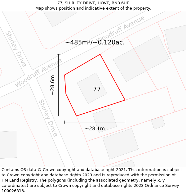 77, SHIRLEY DRIVE, HOVE, BN3 6UE: Plot and title map