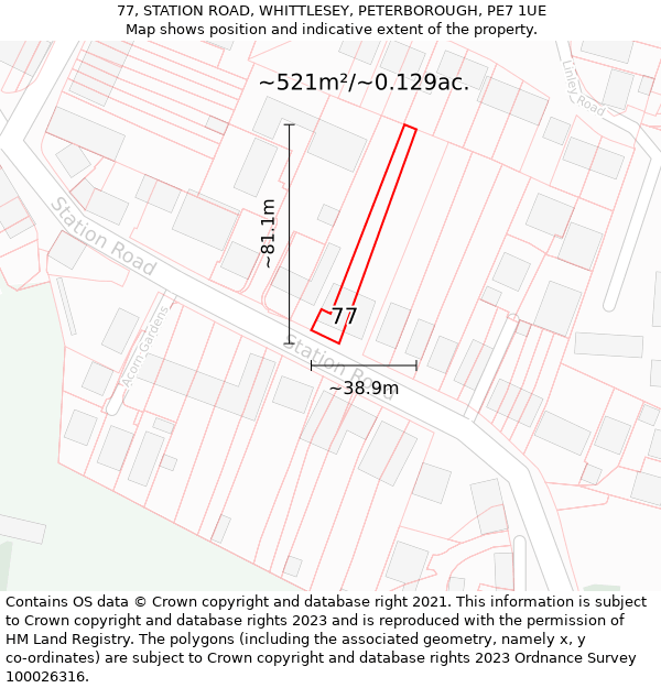 77, STATION ROAD, WHITTLESEY, PETERBOROUGH, PE7 1UE: Plot and title map