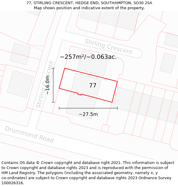 77, STIRLING CRESCENT, HEDGE END, SOUTHAMPTON, SO30 2SA: Plot and title map