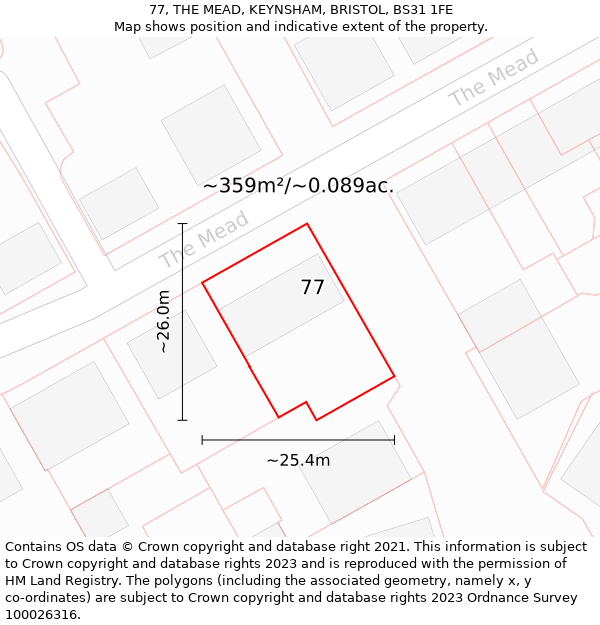 77, THE MEAD, KEYNSHAM, BRISTOL, BS31 1FE: Plot and title map