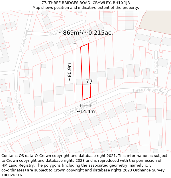 77, THREE BRIDGES ROAD, CRAWLEY, RH10 1JR: Plot and title map