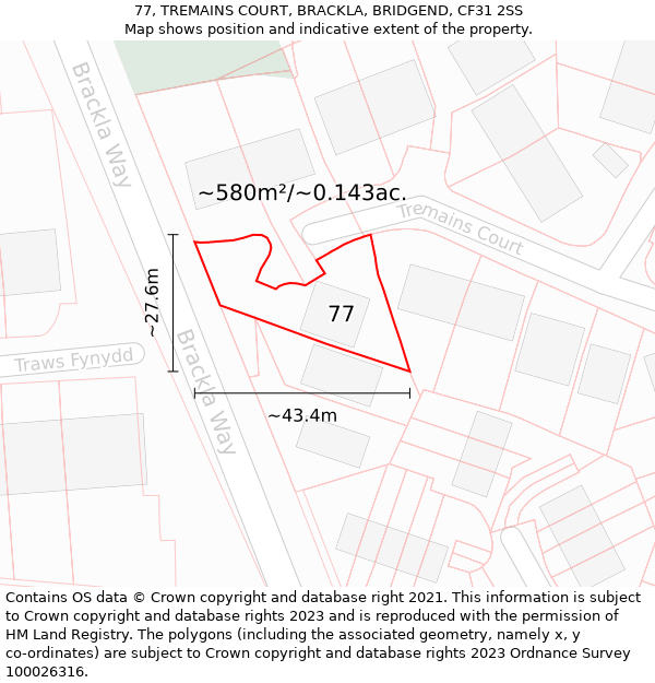 77, TREMAINS COURT, BRACKLA, BRIDGEND, CF31 2SS: Plot and title map