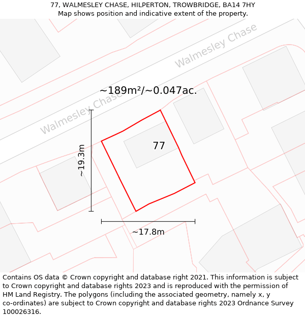 77, WALMESLEY CHASE, HILPERTON, TROWBRIDGE, BA14 7HY: Plot and title map