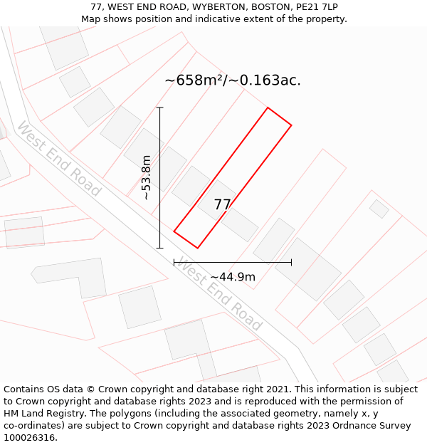 77, WEST END ROAD, WYBERTON, BOSTON, PE21 7LP: Plot and title map