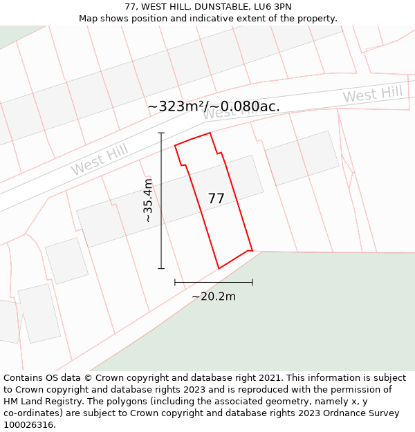 77, WEST HILL, DUNSTABLE, LU6 3PN: Plot and title map