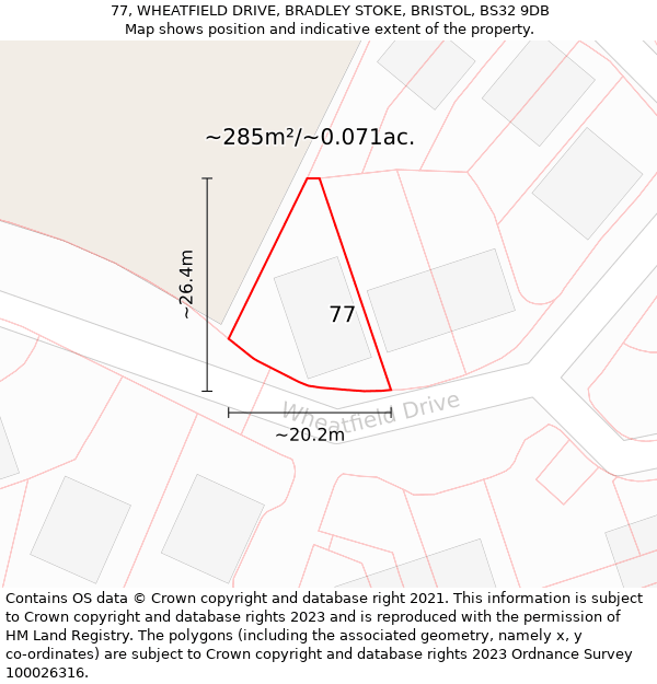 77, WHEATFIELD DRIVE, BRADLEY STOKE, BRISTOL, BS32 9DB: Plot and title map