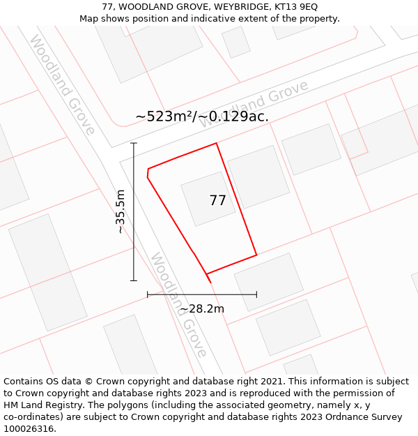 77, WOODLAND GROVE, WEYBRIDGE, KT13 9EQ: Plot and title map