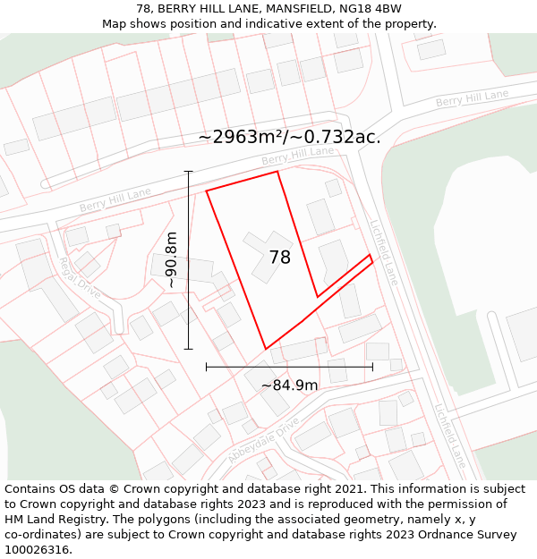 78, BERRY HILL LANE, MANSFIELD, NG18 4BW: Plot and title map