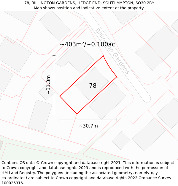 78, BILLINGTON GARDENS, HEDGE END, SOUTHAMPTON, SO30 2RY: Plot and title map