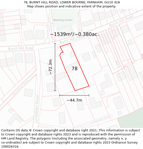 78, BURNT HILL ROAD, LOWER BOURNE, FARNHAM, GU10 3LN: Plot and title map