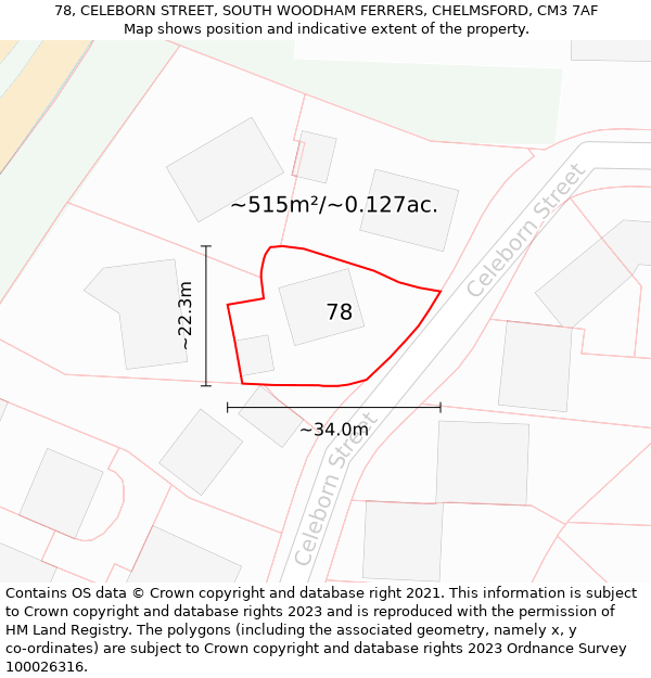 78, CELEBORN STREET, SOUTH WOODHAM FERRERS, CHELMSFORD, CM3 7AF: Plot and title map