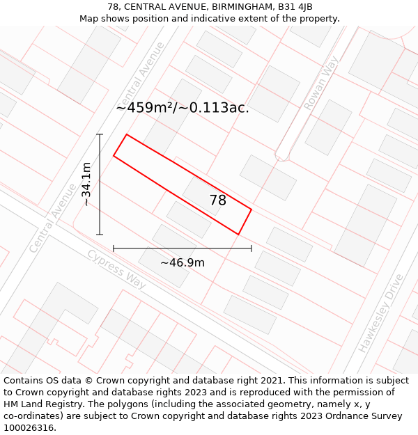 78, CENTRAL AVENUE, BIRMINGHAM, B31 4JB: Plot and title map