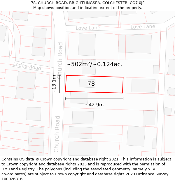 78, CHURCH ROAD, BRIGHTLINGSEA, COLCHESTER, CO7 0JF: Plot and title map