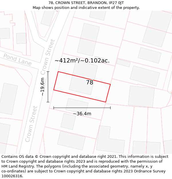 78, CROWN STREET, BRANDON, IP27 0JT: Plot and title map