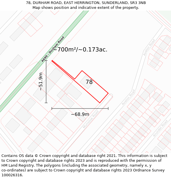 78, DURHAM ROAD, EAST HERRINGTON, SUNDERLAND, SR3 3NB: Plot and title map