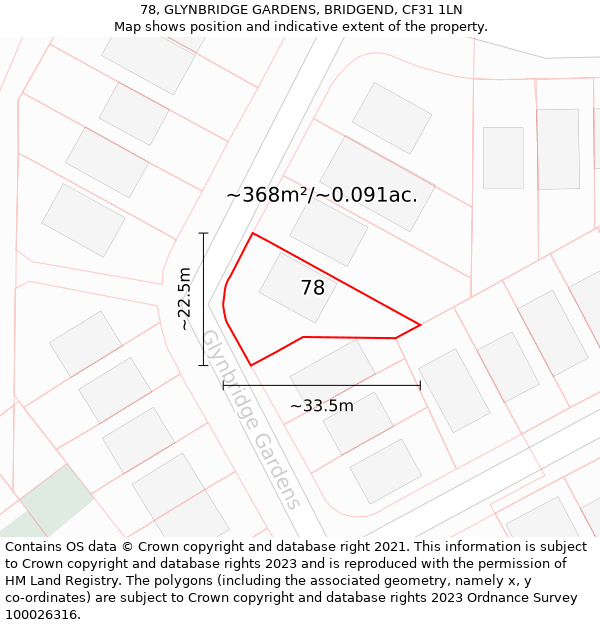 78, GLYNBRIDGE GARDENS, BRIDGEND, CF31 1LN: Plot and title map