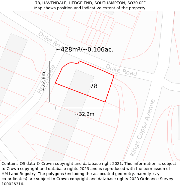 78, HAVENDALE, HEDGE END, SOUTHAMPTON, SO30 0FF: Plot and title map