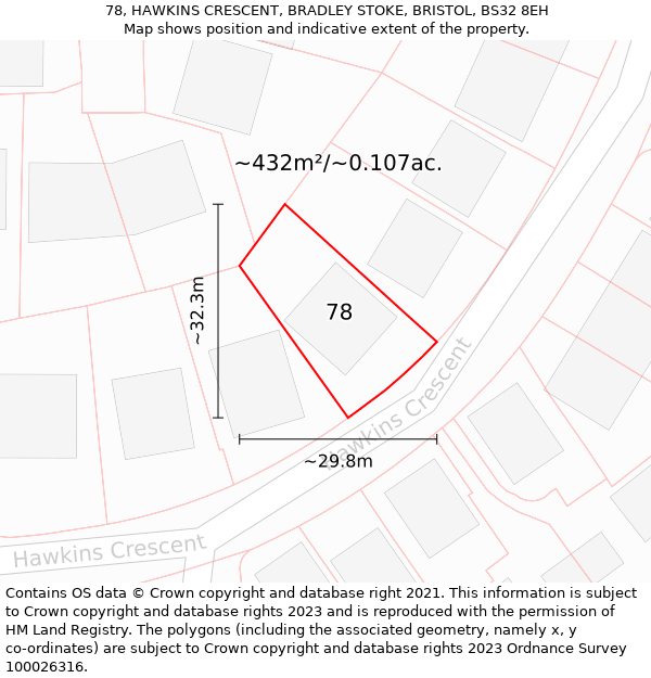 78, HAWKINS CRESCENT, BRADLEY STOKE, BRISTOL, BS32 8EH: Plot and title map