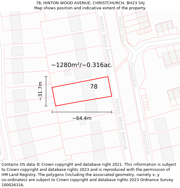 78, HINTON WOOD AVENUE, CHRISTCHURCH, BH23 5AJ: Plot and title map