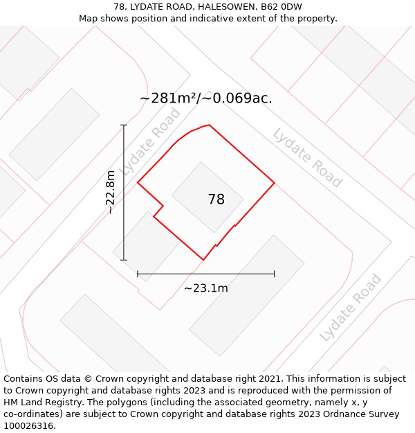 78, LYDATE ROAD, HALESOWEN, B62 0DW: Plot and title map