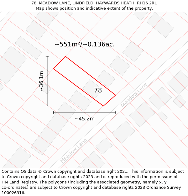 78, MEADOW LANE, LINDFIELD, HAYWARDS HEATH, RH16 2RL: Plot and title map