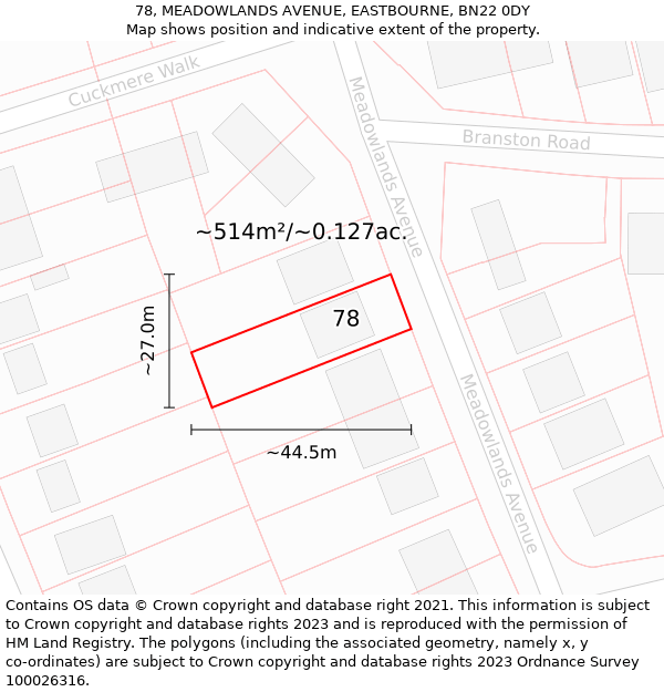 78, MEADOWLANDS AVENUE, EASTBOURNE, BN22 0DY: Plot and title map