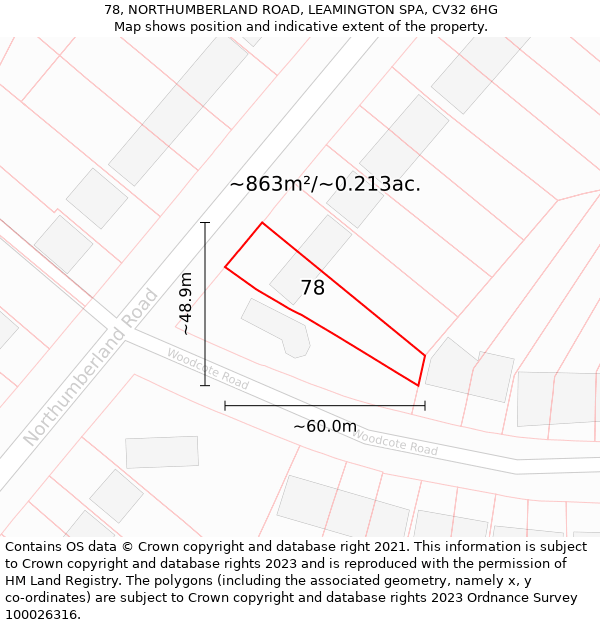 78, NORTHUMBERLAND ROAD, LEAMINGTON SPA, CV32 6HG: Plot and title map